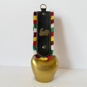 Vintage Swiss Brass Cowbell Chalet Strap – Alpine Souvenir Bell Colorful Fringe